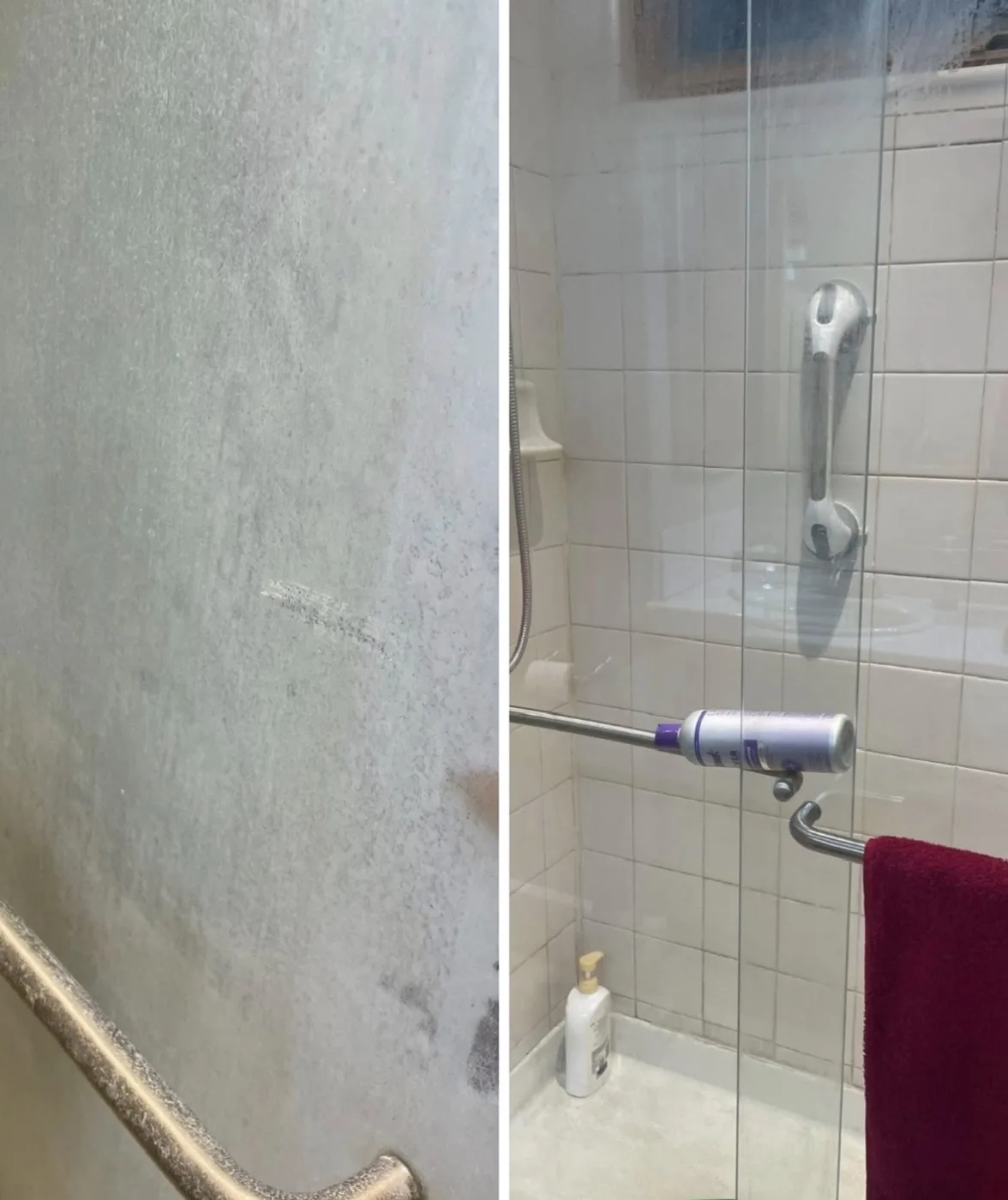 Before and after of hard-water removal on shower glass in Folsom