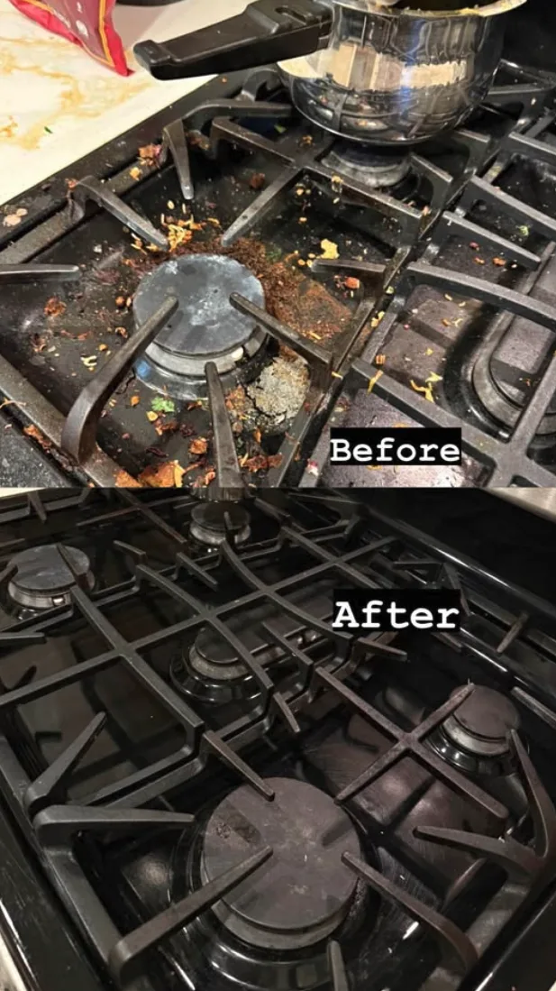 Before and after of a gas stovetop deep clean in a Folsom home
